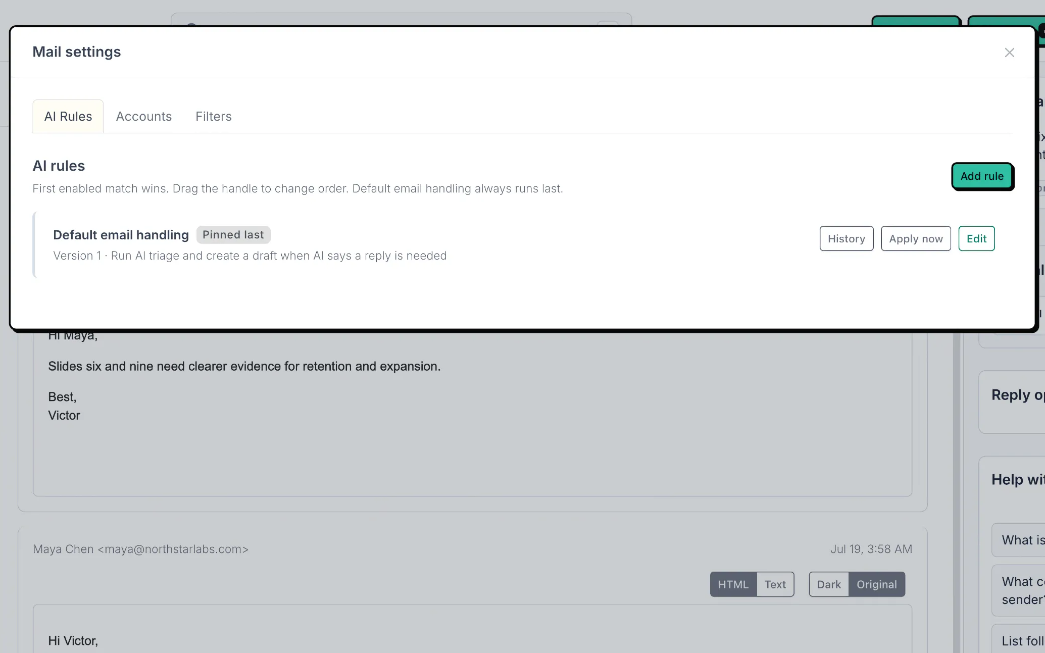Mailtwine AI Rules settings with ordered email handling, history, apply, edit, and add rule controls