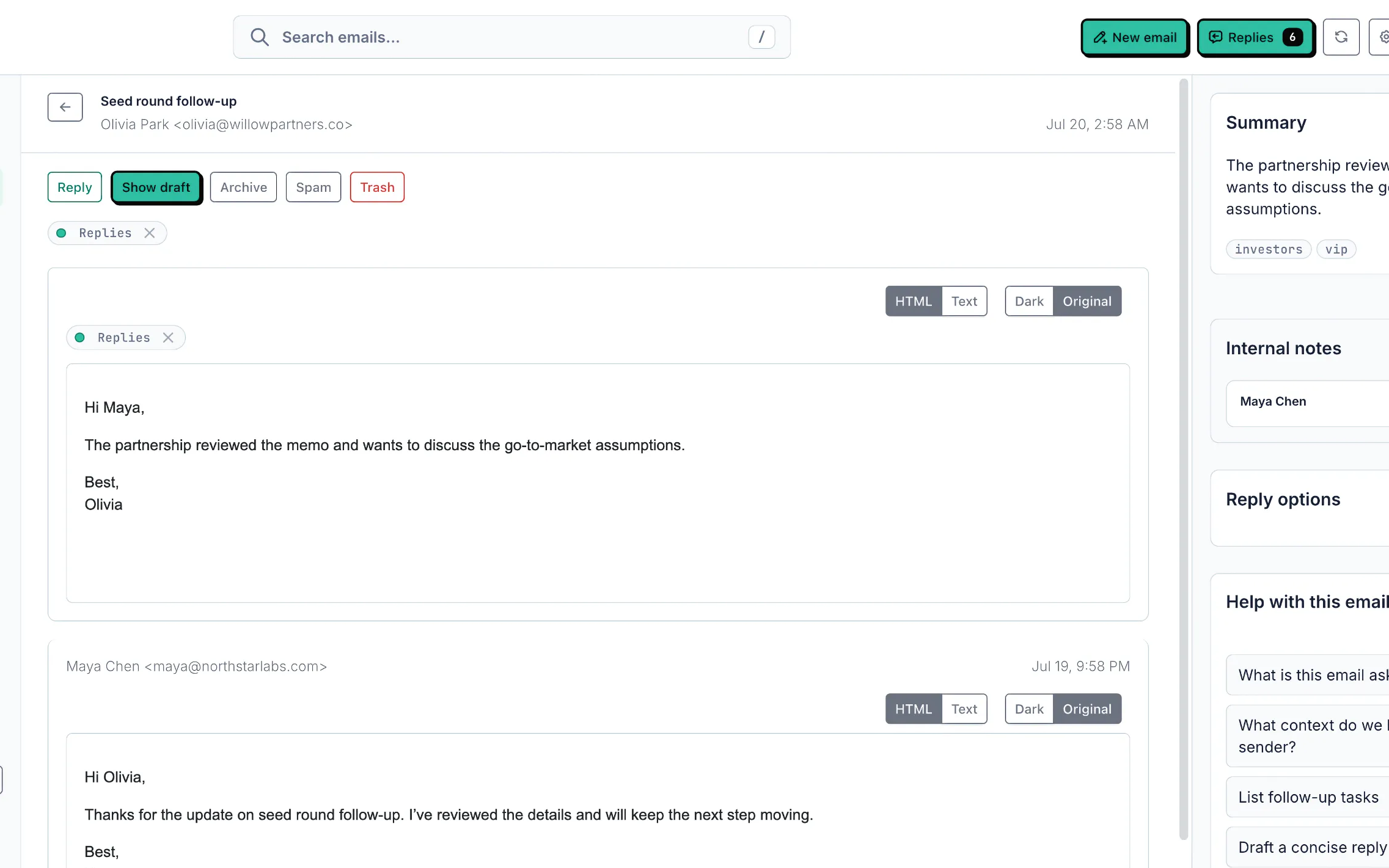 Mailtwine message review with thread history, summary, internal notes, reply options, and mailbox actions