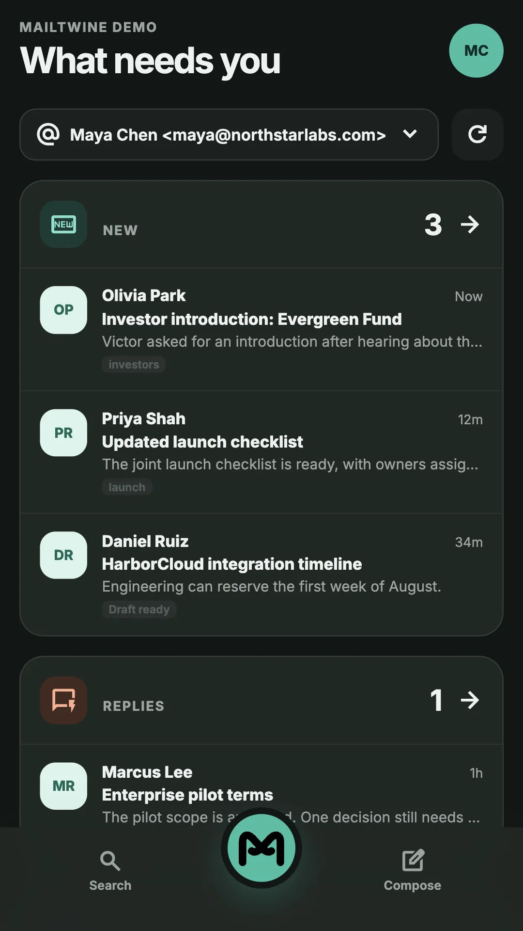 Mailtwine mobile inbox showing New and Replies queues