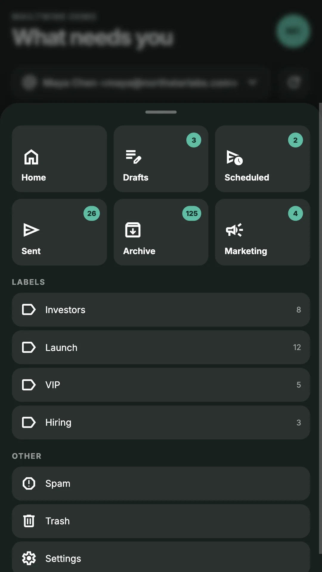 Mailtwine mobile navigation with Drafts, Scheduled, Sent, Archive, labels, and settings