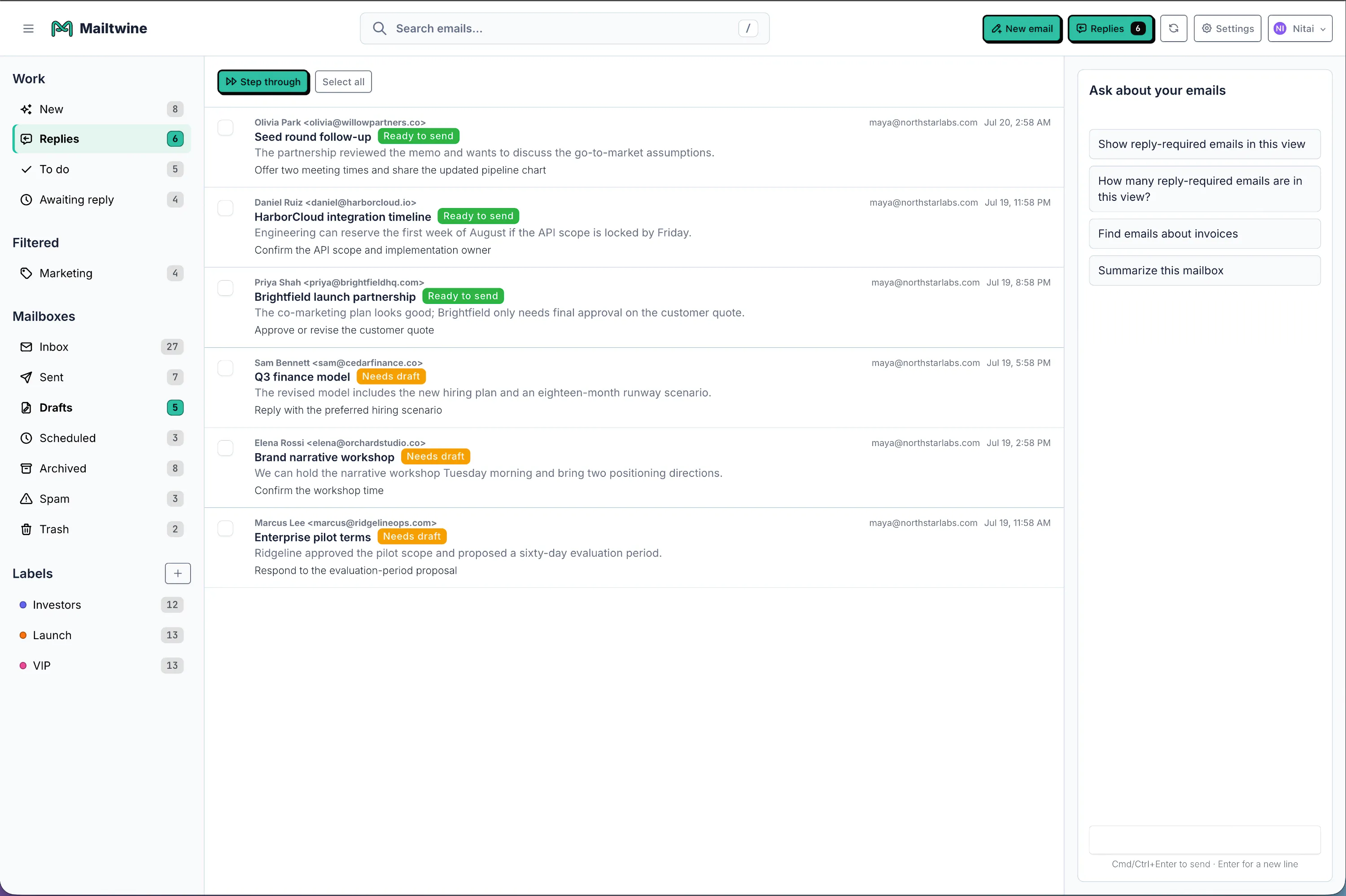 Mailtwine Replies queue showing reply-ready emails, draft status, and mailbox questions