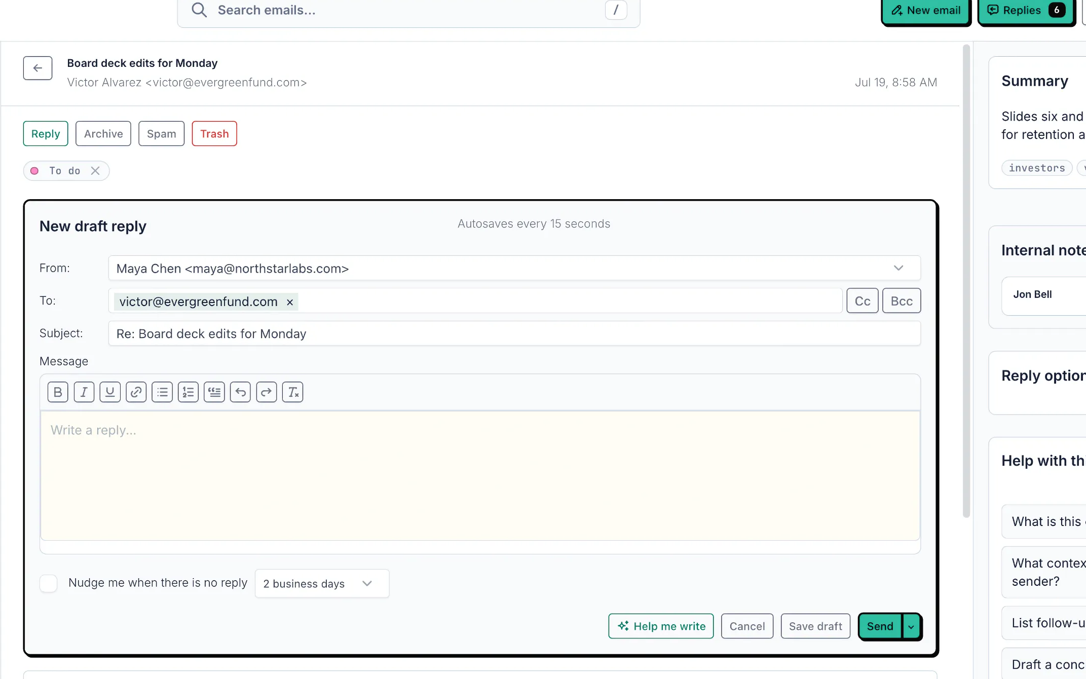 Mailtwine reply composer with recipient, subject, follow-up nudge, Help me write, draft, and send controls