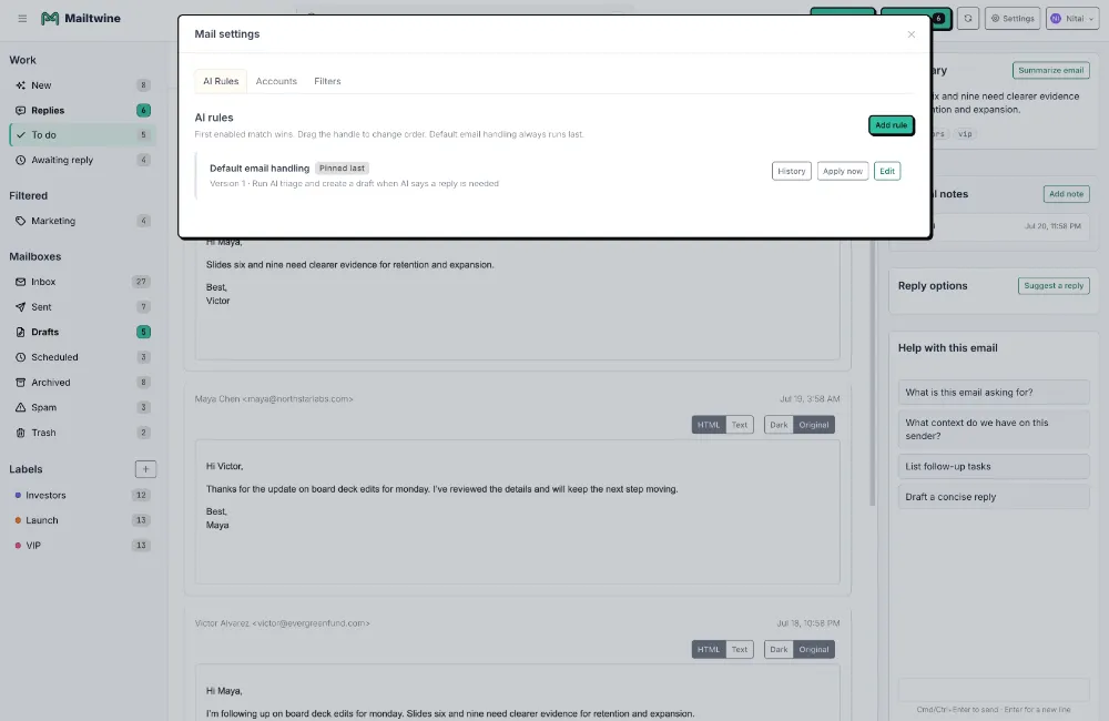 Screenshot of the Mailtwine email client showing the AI Rules settings modal atop an email conversation.