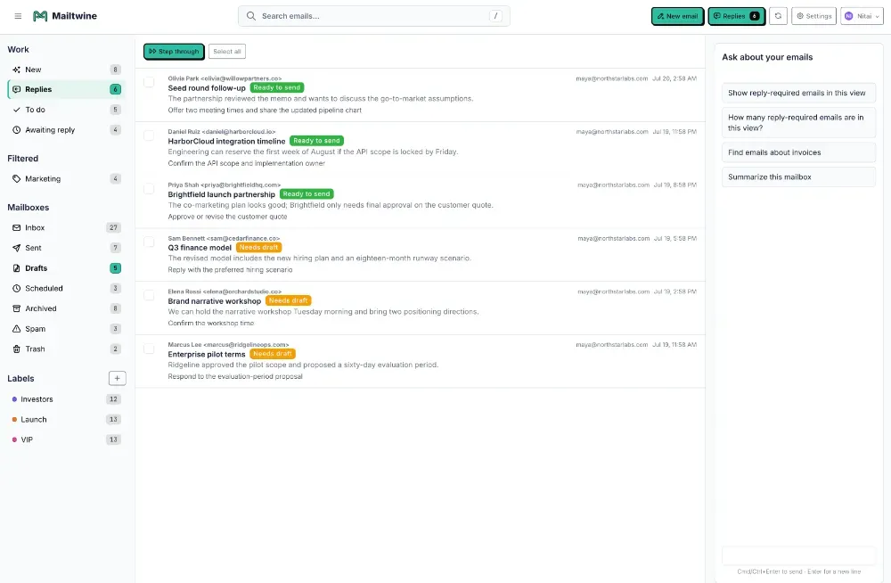 Screenshot of the Mailtwine email client showing an inbox view of emails tagged with AI determined statuses.