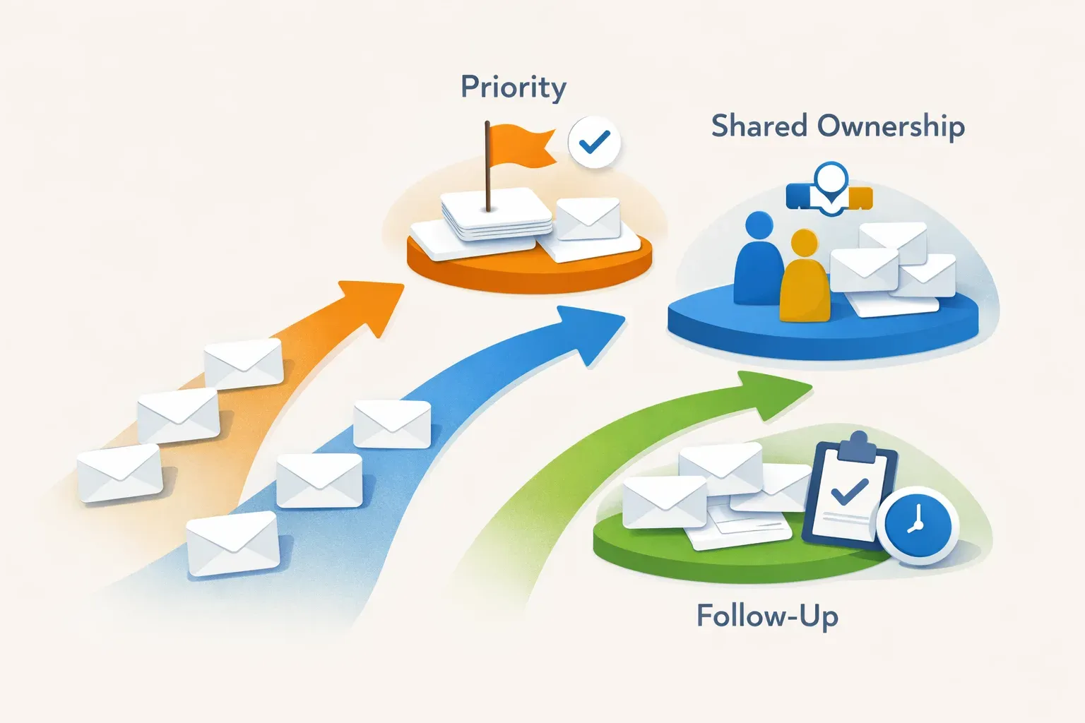 Conceptual illustration of incoming email being prioritized, assigned to a team member, and tracked for follow-up.