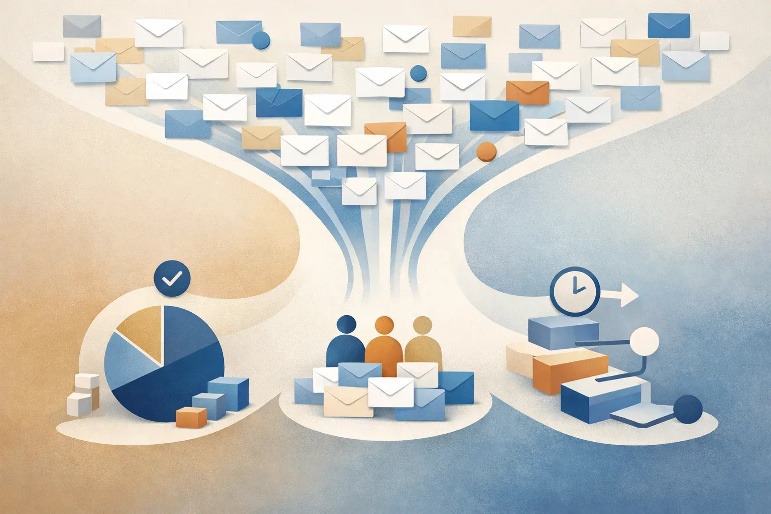 Conceptual illustration of incoming email flowing into personal prioritization, shared team handling, and follow-up paths.