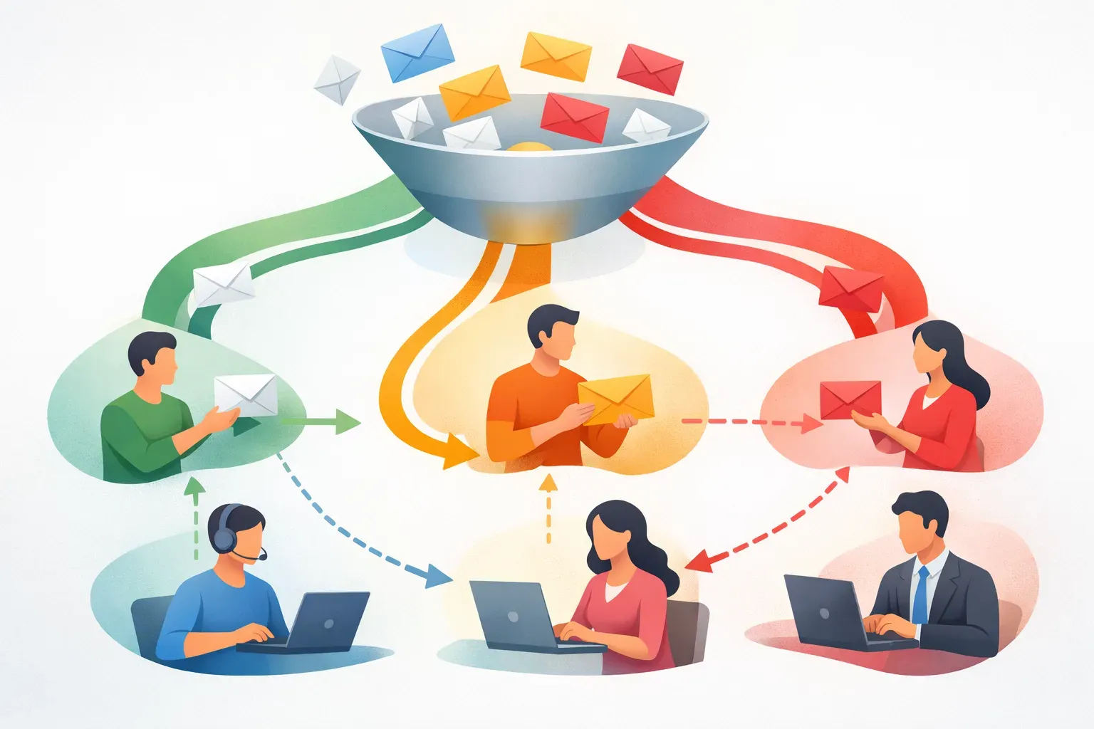 Illustration of email messages being prioritized and routed among team members.