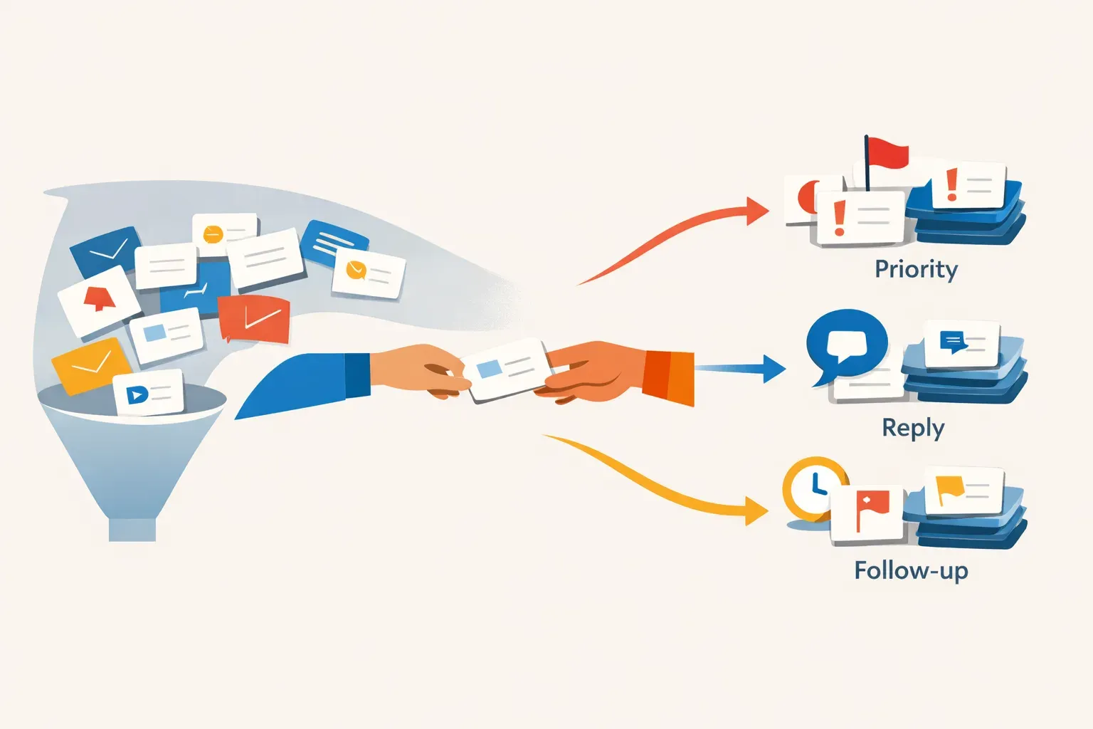 Illustration of incoming email being prioritized, routed for a reply, and tracked for follow-up.