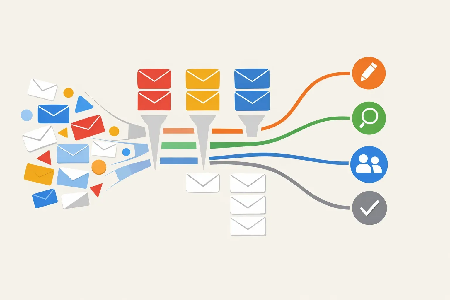 Conceptual illustration of incoming email being prioritized and routed through drafting, review, and follow-up.