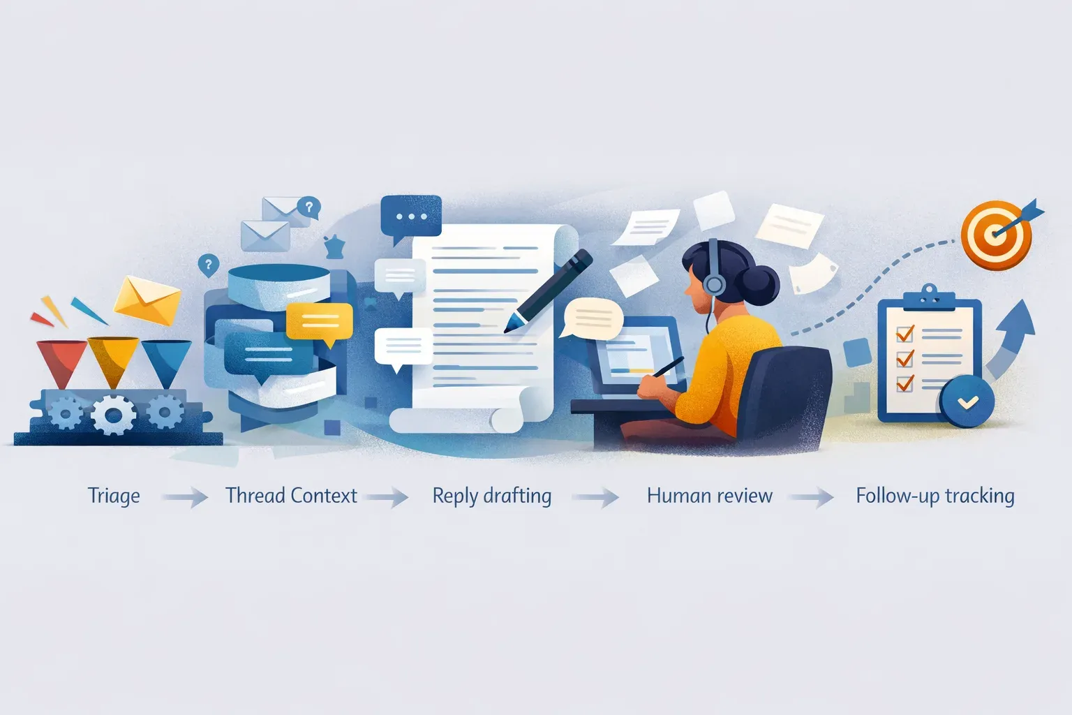 Conceptual workflow showing an AI-assisted customer email moving from triage and thread review to a human-checked reply and follow-up.