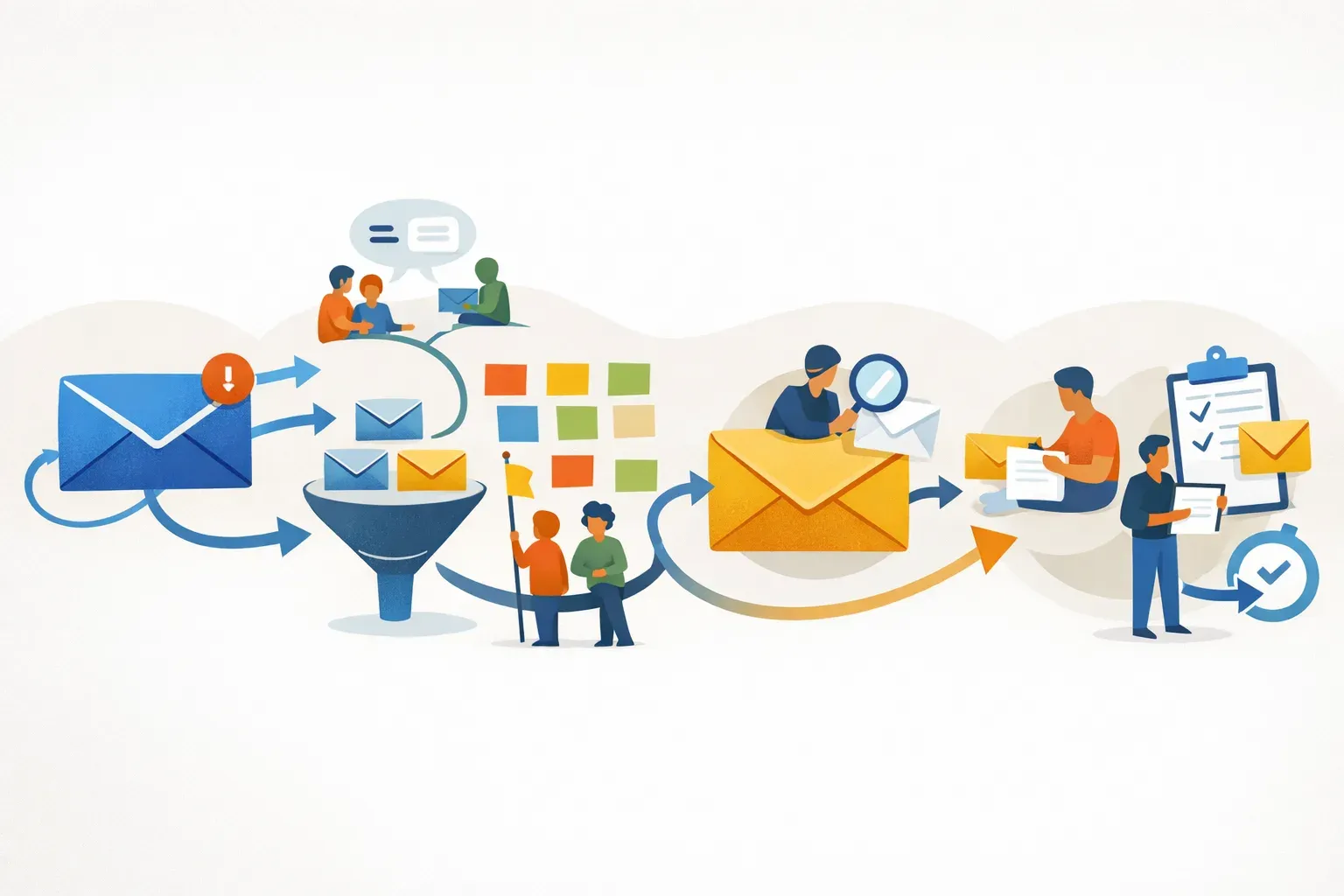 Conceptual illustration of a customer email moving through prioritization, team assignment, human review, and follow-up.