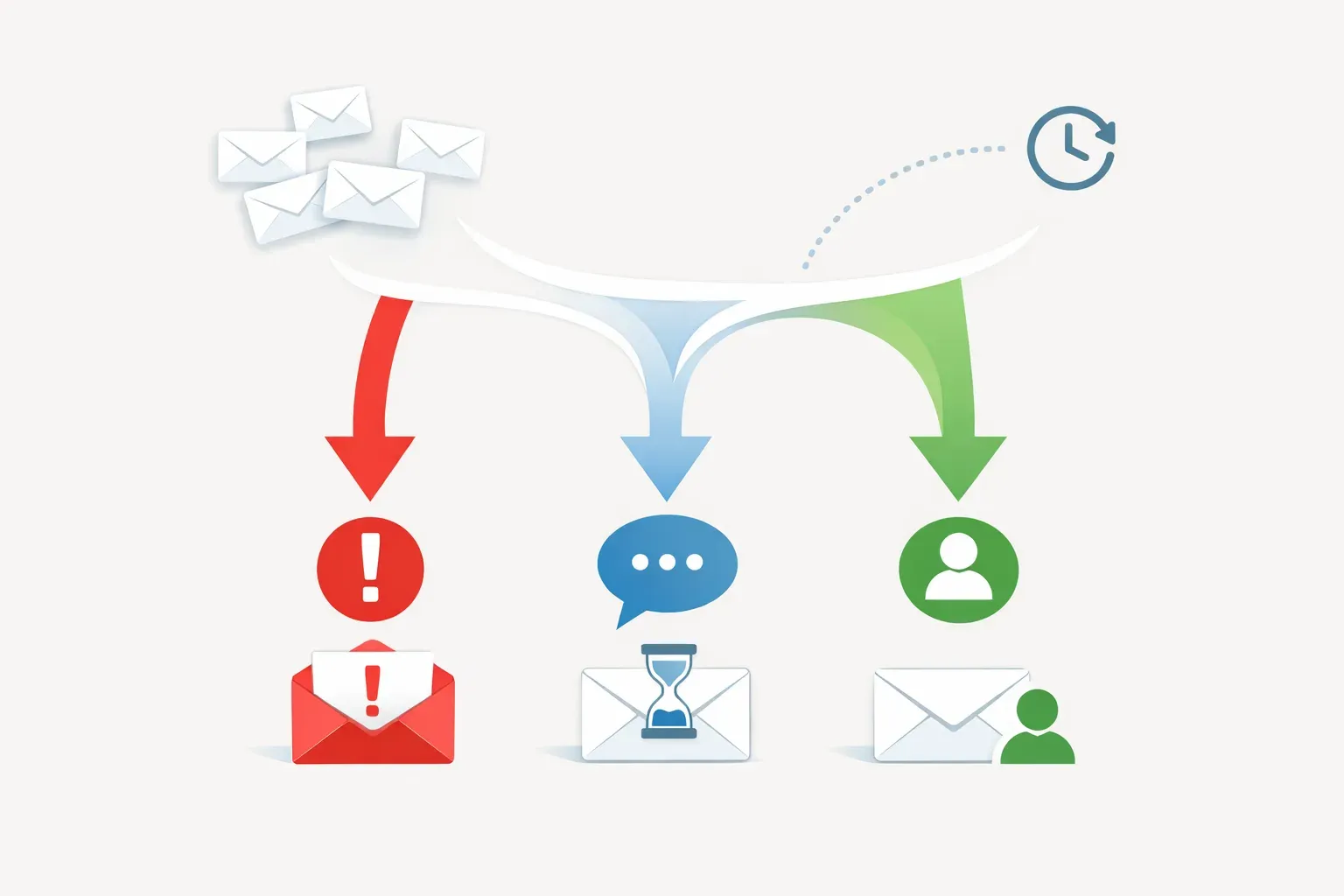 A conceptual illustration of emails being prioritized, assigned, and tracked while awaiting replies.