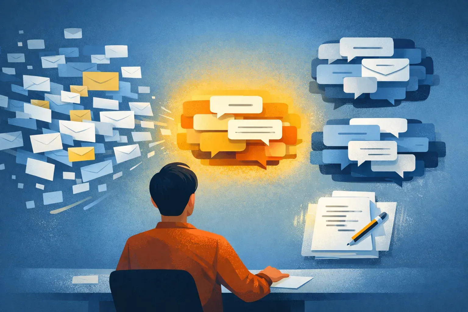 A person reviews a busy email discussion as incoming messages are organized into threads, with one highlighted for attention.