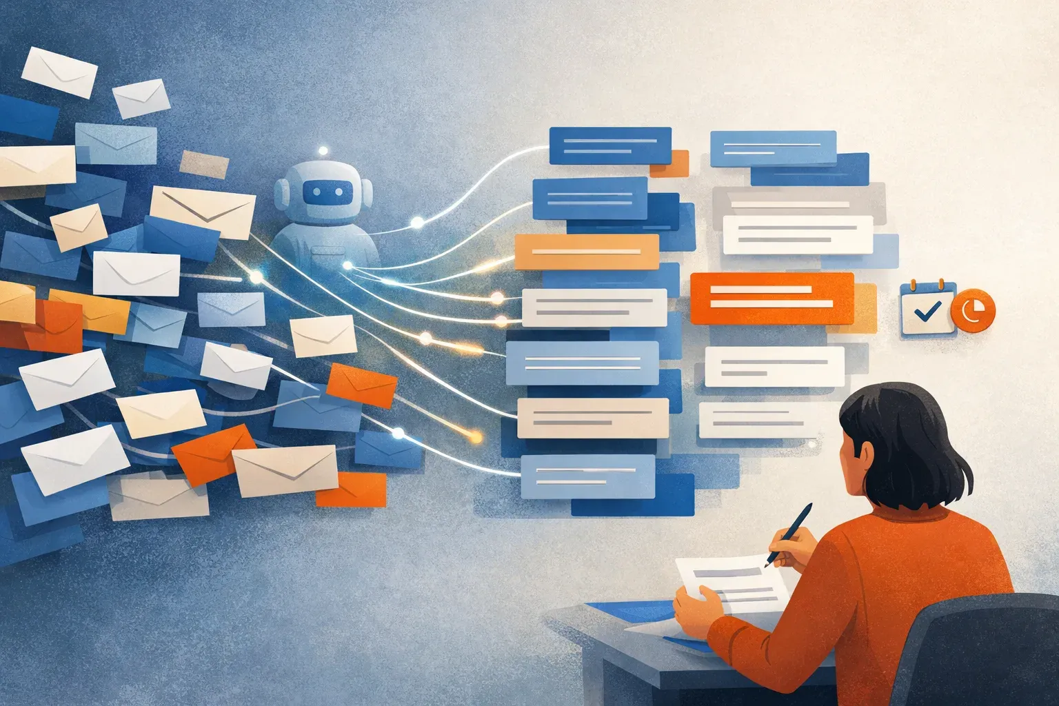 A person reviews an organized discussion thread while an abstract assistant sorts incoming messages and highlights a follow-up.