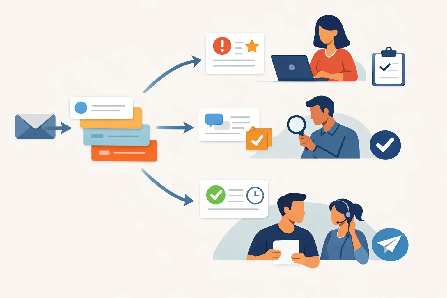 Illustration of incoming messages being prioritized and routed to a team for review and follow-up.