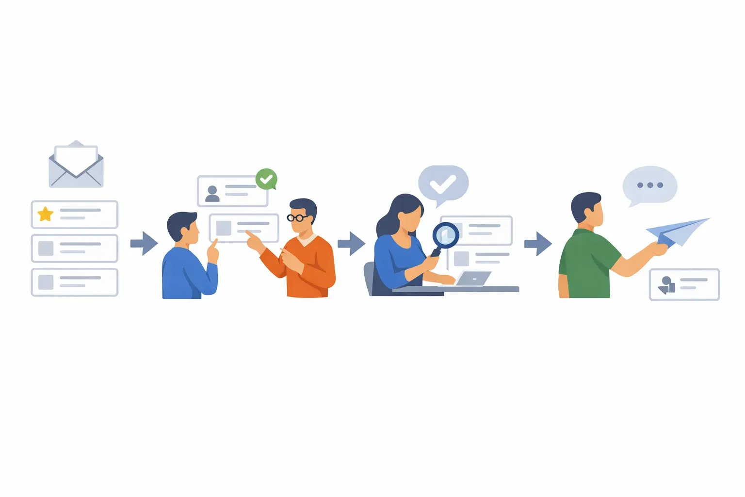 Conceptual illustration of email messages being prioritized, routed to team members, reviewed, and followed up.