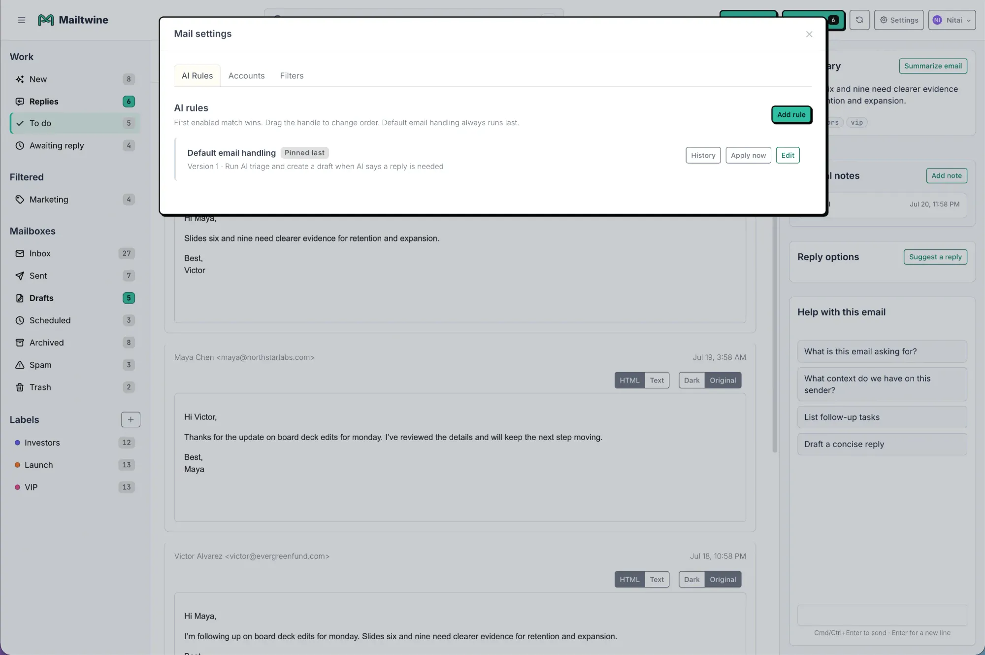 Mailtwine AI Rules settings with the default email-handling rule and its history and edit controls.