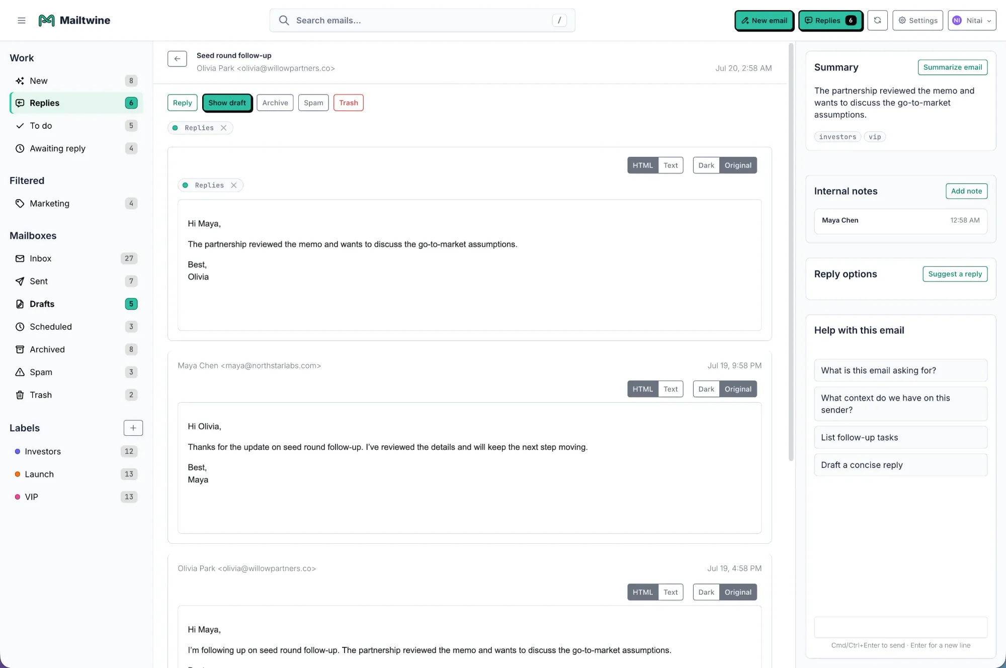 Mailtwine email thread with its summary, internal notes, and reply options beside the conversation.