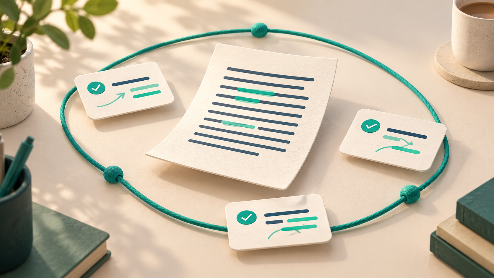 An email draft and proofreading suggestion cards enclosed together by one continuous teal thread.
