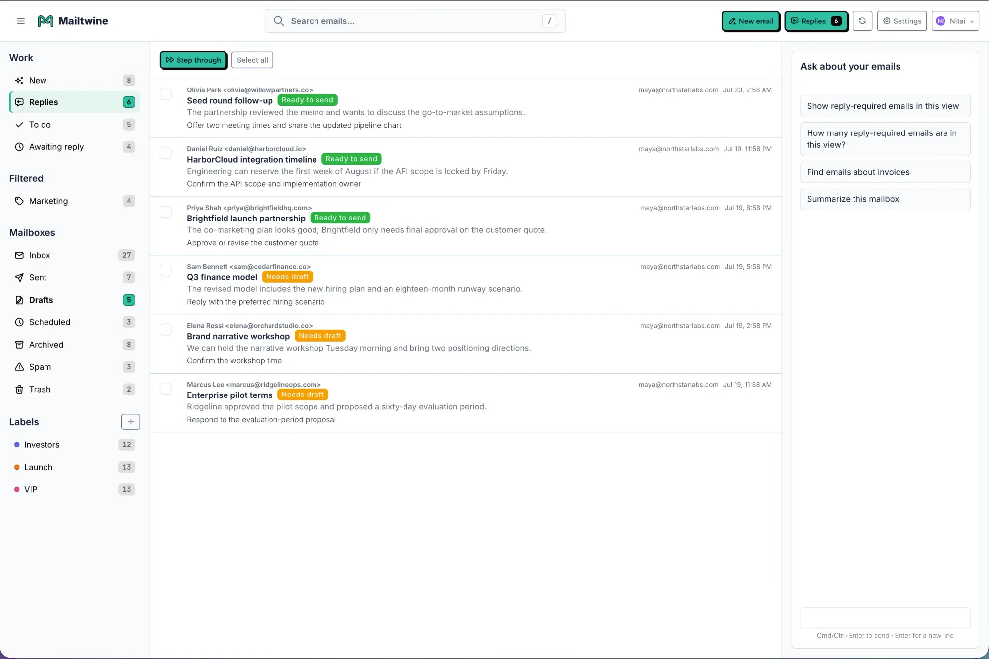Mailtwine Replies queue showing email summaries, next actions, and draft readiness.