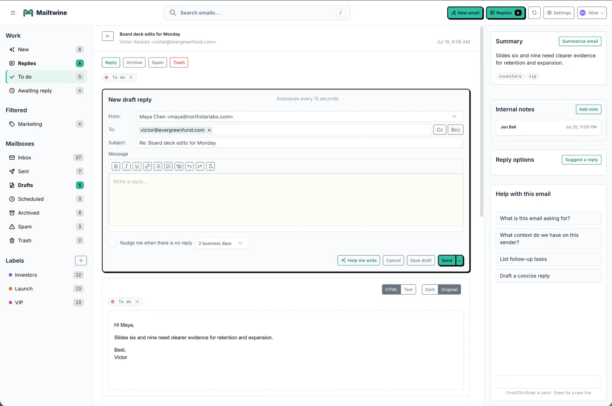 Mailtwine reply composer with draft controls, a follow-up nudge, and Help me write.